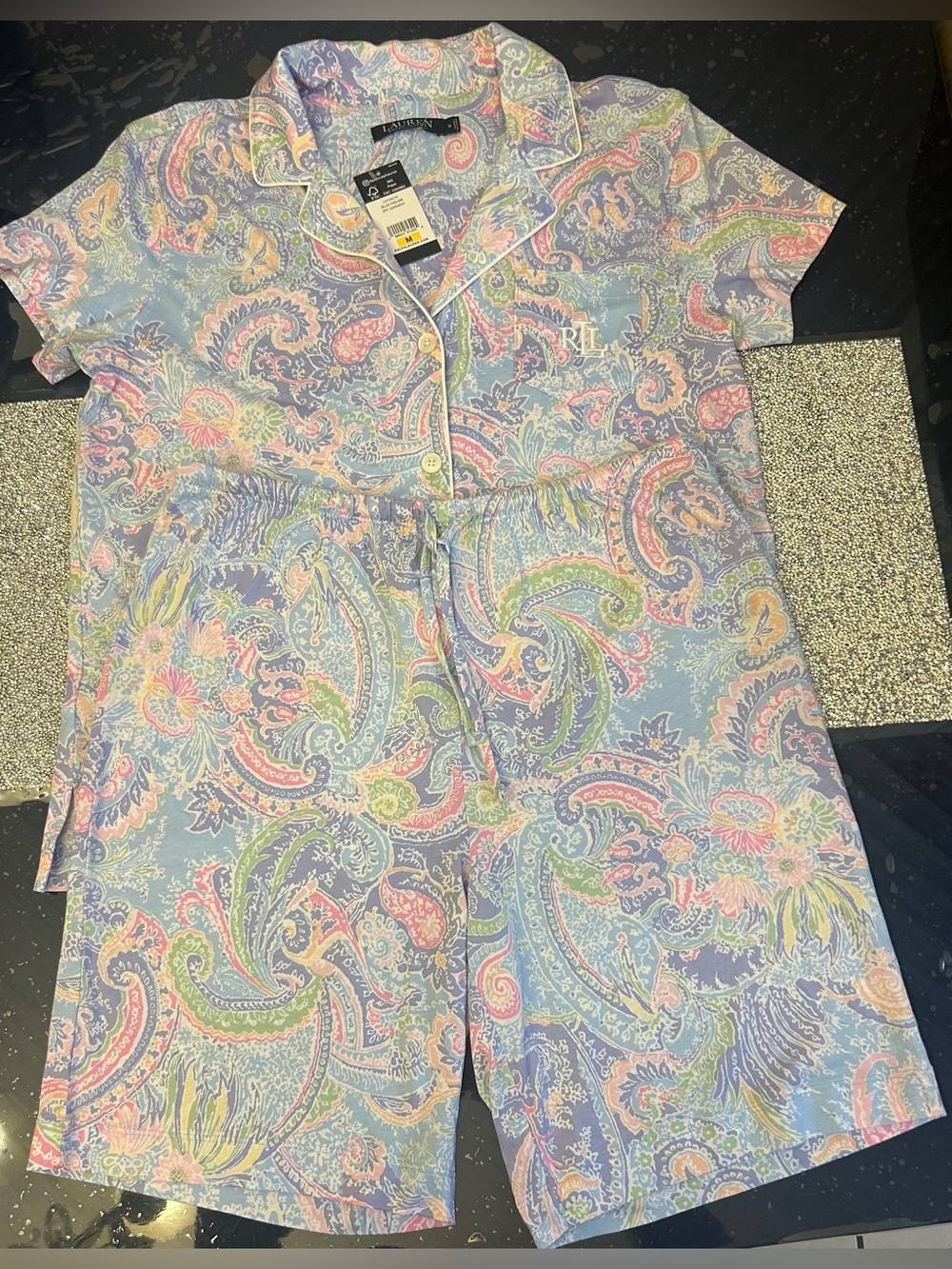Lauren Ralph Lauren Short Sleeve Classic Blue Paisley 2 PC  Collar Boxer Pj